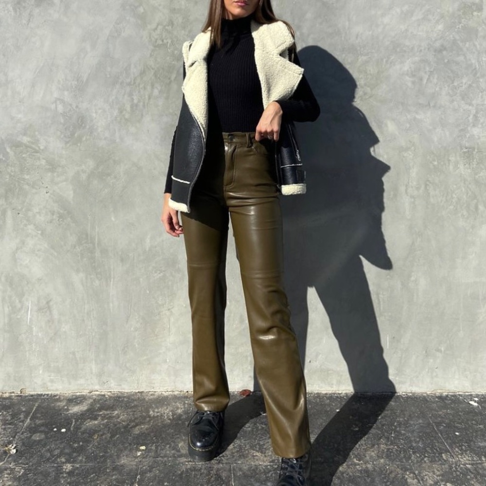 Zara genuine leather straight leg pants limited edition blogger aritzia melina - Picture 9 of 13